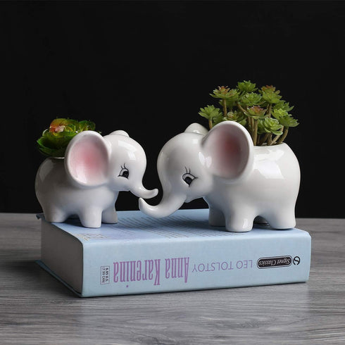 Ogrmar 2PCS Elephant Plant Window Boxes Cute Elephant Flower Pot/Modern White Ceramic Succulent Planter Pots/Tiny Flower Plant Containers Animal D...