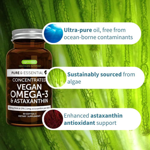 Pure & Essential Vegan Omega 3 & Astaxanthin, High Concentration EPA DHA Algae Oil, Non-GMO, Sustainable & Pure, 600mg DHA & EPA for Heart, Brain ...