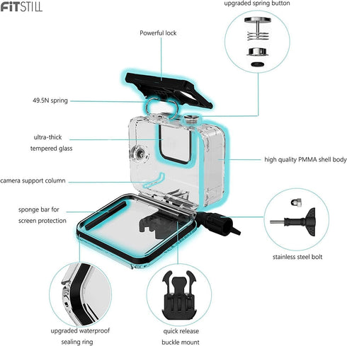 FitStill 60M/196FT Waterproof Case for Go Pro Hero12 Black/Hero11 Black/Hero10 Black/Hero9 Black,Protective Underwater Diving Housing Shell with A...