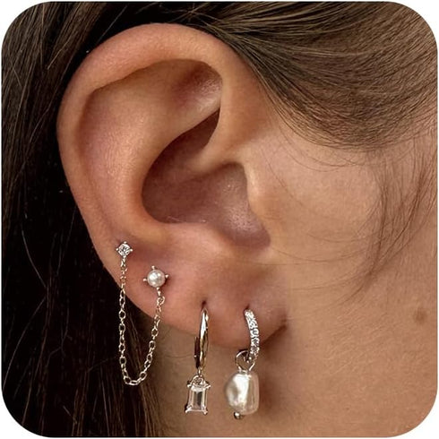 Pearl Earrings for Women,Dainty Gold Pearl Earrings 14K Gold Plated Stud Earrings Hypoallergenic Small Hoop Earrings for Women Trendy Dangle Earri...