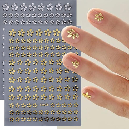8 Sheets Metallic Flower Leaf Nail Art Stickers Five Petal Flower Star Nail Decals 3D Self Adhesive Gold Silver Petal Star Nail Designs Floral Nai...