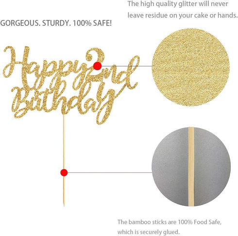 Gold Glitter Happy 2nd birthday cake topper, Gold 2 years old birthday party decorations, girl or boy birthday cake toppers...