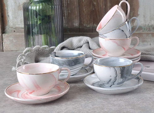 FUYU Gold Edge Marble Ceramic Espresso Coffee Cup and Saucer Set Tea Cup...