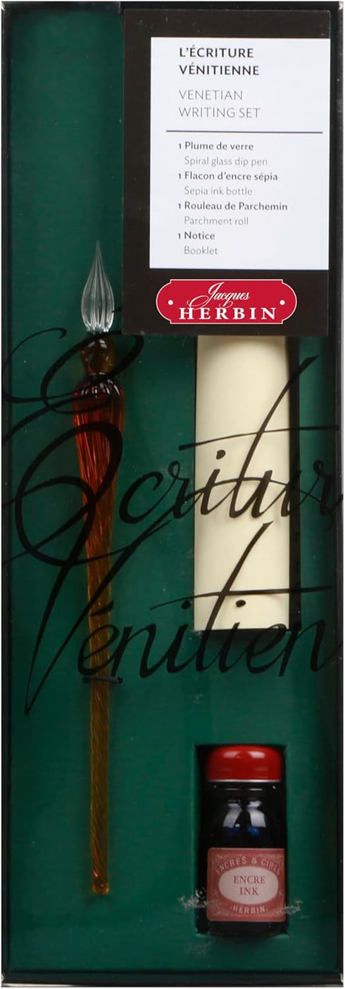 Herbin 28300T - Ecriture vénitienne/Venetian writing'' set comprising a twisted glass quill, sheet of parchment, bottle of sepia ink and instructi...