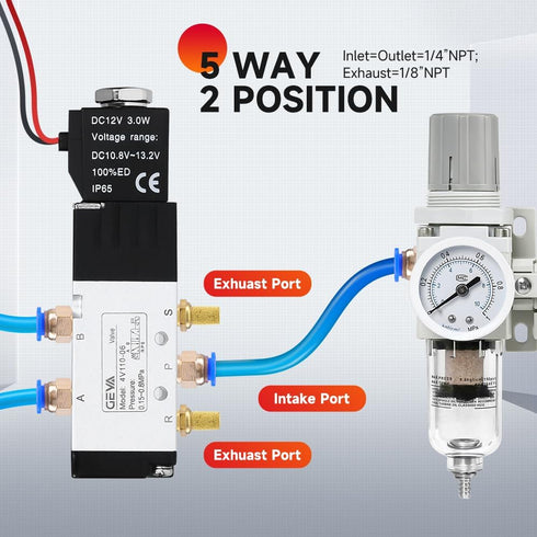 1/8” NPT Solenoid Valve DC 12V Single Coil Pilot Operated Motorized 2-Position 5-Way Connection Type Pneumatic Solenoid Valve(4V110-06 1/8”NPT,Out...