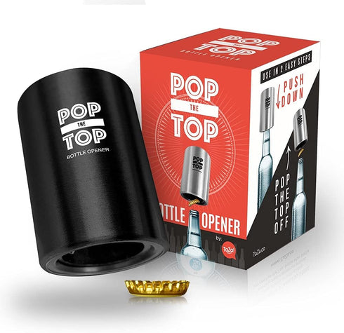Pop-the-Top Beer Bottle Opener (Black): Automatic Bottle Cap Opener, Push Down Pop Off Bar Tool, Soda and Beer Cap Remover, Cool & Fun Gadget...