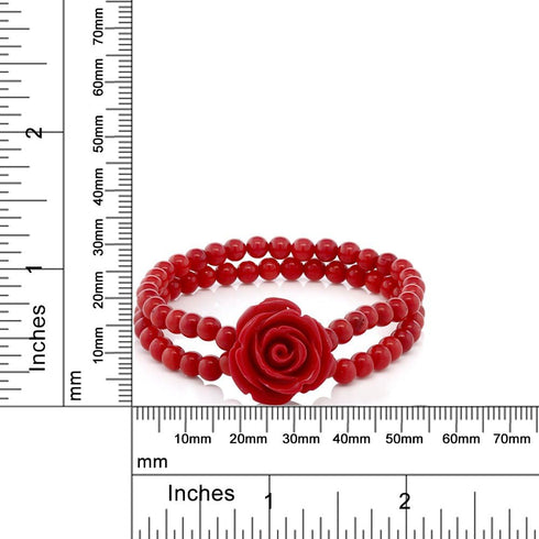 Gem Stone King 7 Inch Red Simulated Coral Bead Rose Flower Stretch Bracelet for Women 5mm...