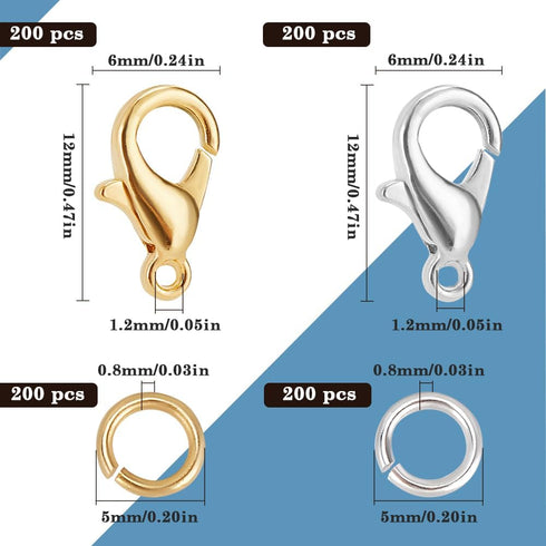 1 Box 400Pcs Lobster Claw Clasp Small Key Chain Clasps & 400Pcs Open Jump Rings Gold Silver Metal Trigger Clasp Findings for Jewelry Making Suppli...