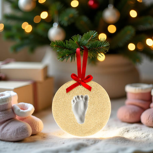 Baby's Handprint or Footprint Christmas Ornament Kit, Newborn Holiday Hanging Keepsake Kit, Baby's First Christmas, Gold Glitter...