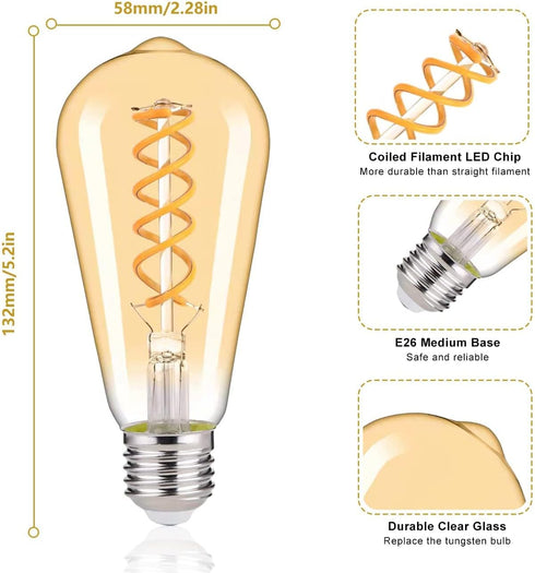 BORT Vintage LED Edison Bulbs, ST58/ST19, Warm White 2500K, 4.5W Antique LED Filament Light Bulbs, Dimmable, 40W Equivalent, 400LM, E26 Standard B...