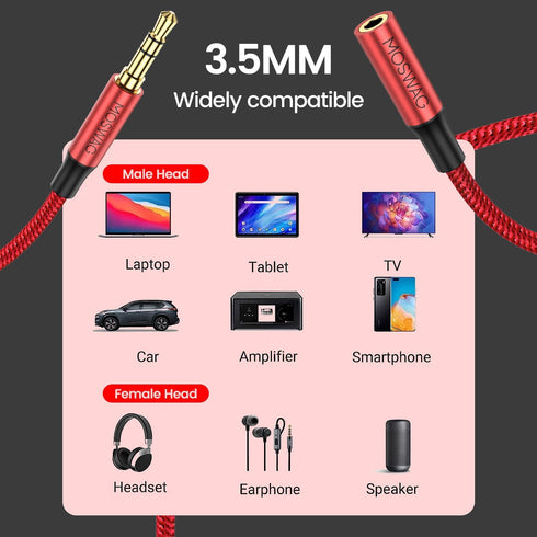 MOSWAG 3.28FT/1Meter 3.5mm Extension Cable Audio Male to Female Stereo Extension Adapter Nylon Braided Cord Compatible for Home/Car Stereos Smartp...