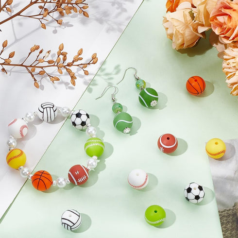 SUNNYCLUE 1 Box 32Pcs Ball Silicone Beads Silicone Round Focal Beads Baseball Soccer Basketball Silicone Sports Beads for Jewelry Making Supplies ...