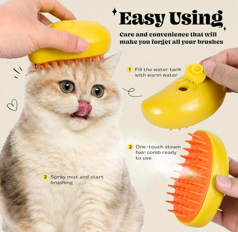Pet Brush Steamer Comb for Cats and Dogs Multifunctional 3 in 1 USB Rechargeable Massage Hair Cleaning Grooming Steam Brush, yellow...