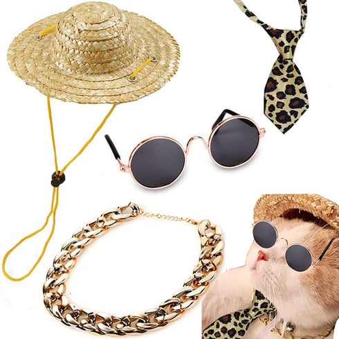 4Pcs Cat Glasses Cat Gold Chain Necktie and Straw Hat, Fashion Cool Pet Sunglasses Adjustable Pet Gold Chain Set Classic Funny Pet Accessories for...