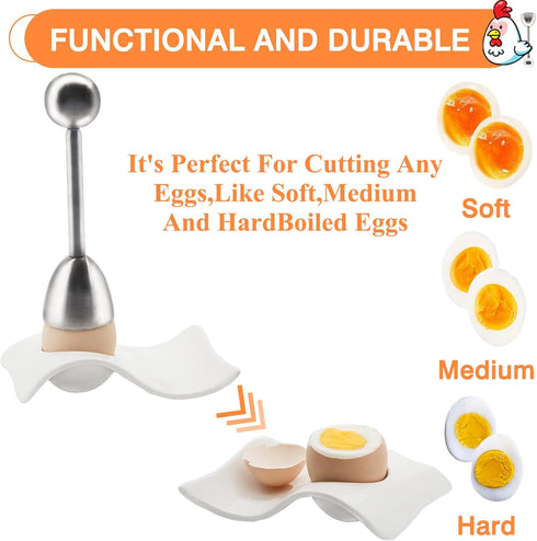 Egg Cup for Soft Boiled Eggs, Kitchenexus Egg Cups & Cracker Topper Set, 4pcs Set Ceramic Wave Egg Holder with Stainless Steel Egg Shell, Egg Stan...