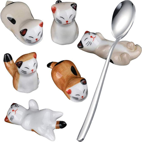 Pack of 6 Lovely Lucky Cat Porcelain Knife Rests Chopstick Rest set Ceramic Tableware Rest Set Ornament (Lucky Cat Set+Spoon)...