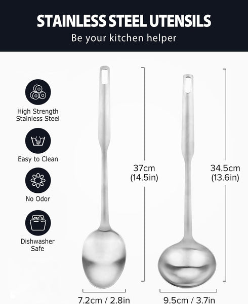Premium Stainless Steel Serving Spoons and soup ladle, Matte Large Serving Spoon Slotted Spoons for Cooking 14.7Inch, Set of 2...