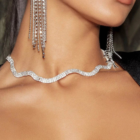 Rhinestone Choker Necklace Silver Crystal Necklaces Fashion Water Ripple Clavicle Chain Party Sparkly Adjustable Chain Jewerly for Women and Girls...