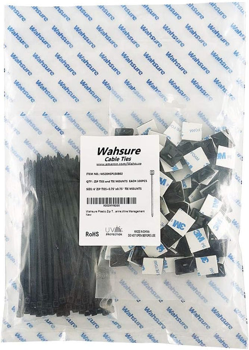 Strong Self Adhesive Wire Clips Cable Zip Tie Mounts 3/4" with 6 Inch Zipties Black UV Protection Outdoor 100 Pcs,Sticky Wire Fasteners Cable Guid...