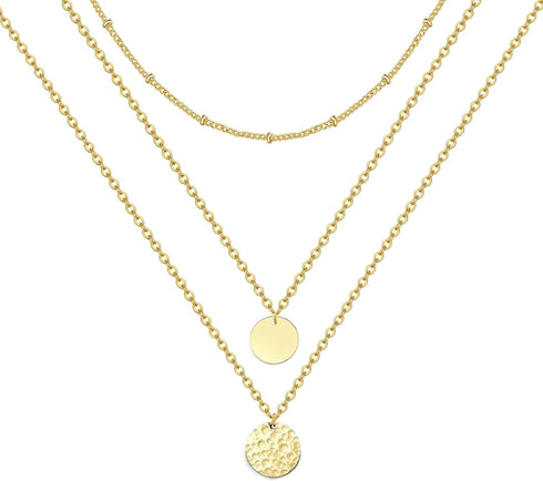 Harlorki Dainty Simple 14K Gold Plated Layered Link Chain Choker Round Circle Hammered Disk Pendant Necklace Fashion Jewelry Gift for Women Lady...