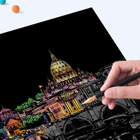 Rainbow Scratch Art Painting Paper (A4) for Kids & Adults, DIY Night View Scratchboard, Engraving Art Set: 4 Sheets Scratch Cards & Drawing Pen, C...