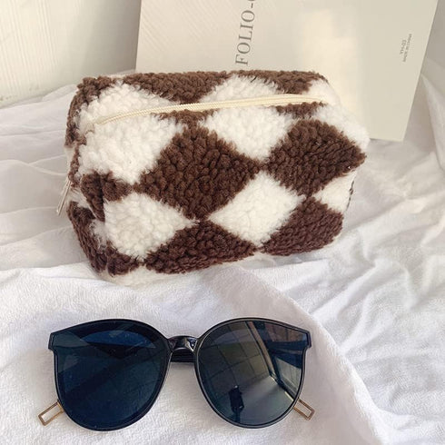 3pcs Checkered Plush Makeup Bag Terry Cloth Cosmetic Bag Zipper Travel Toiletry Bag Organizer Soft Pencil Pouch Case Makeup Brushes Storage Bag fo...