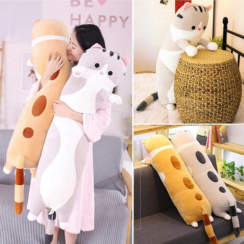 Cute Cat Plush Long Body Pillow Cuddle Cartoon Stuffed Animals Cat Plushie Soft Doll Pillows Gifts for Kids Girls (Orange, 27")...
