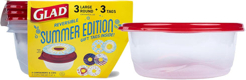 Glad Food Storage Containers, GladWare Summer Edition with Reversible Lid Inserts – 3 Ct Large Round Containers & Lids, 48oz Microwave-Safe, Freez...