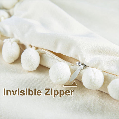 Top Finel Decorative Throw Pillow Covers 18x18 Set of 2, Cream White Couch Square Pillow Covers for Sofa Bed, Soft Velvet Cushion Covers with Pom ...