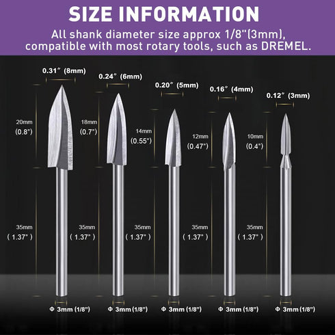 Wood Carving Tools Compatible with Dremel, 5 PCS Engraving Drill Accessories Bit Wood Crafts Grinding Woodworking Tool with 1/8” Shank Universal F...