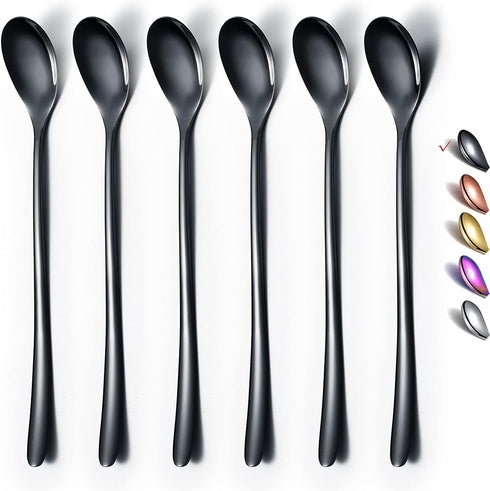Black Long Handle Spoon, Coffee Stirrers, Premium Stainless Steel Ice Tea Spoons, Ice Cream Spoon, Cocktail Stirring Spoons, Set of 6 (Black)...