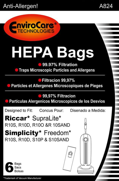 EnviroCare Replacement HEPA Vacuum Cleaner Bags Designed to fit Riccar SupraLite and Simplicity Freedom Upright Vacuums with Green Bag Holder 6 Pa...