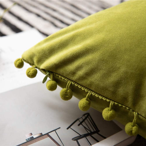 DEZENE Couch Pillow Cases 12x20 Chartreuse: 2 Pack Cozy Soft Pom-poms Velvet Rectangular Throw Pillow Covers for Farmhouse Home Decor...