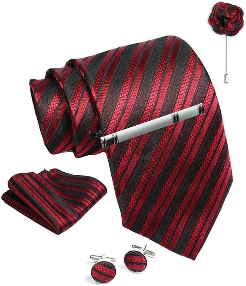 Burgandy Striped Ties For Men – Tie Set With Pocket Square Cufflinks Tie Clip Bar & Flower Brooch Pin For Mens (Pack of 5) (AXTS57)...