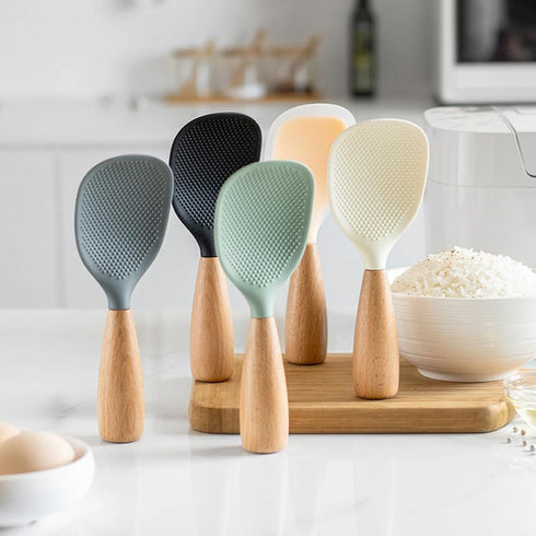 MAGICLULU Silicone Rice Spoon Kitchen Utensils Cooking Ladle Wooden Rice Paddle Rice Spatula Korean Rice Paddle Rice Serving Spoon Scoop Reusable ...