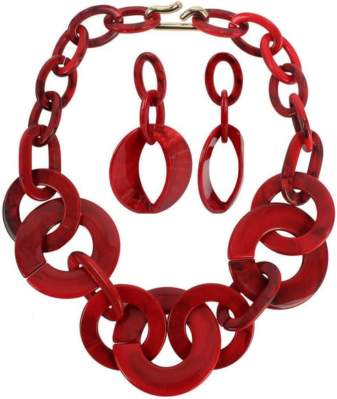 Women Simple Acrylic Collar Choker Cluster Bib Statement Chain Necklace and Hoop Earring Jewelry Set, 18" (Red)...