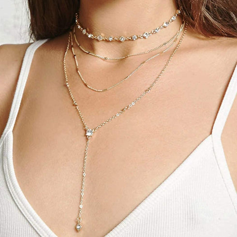 Layered Long Choker Necklace Silver Rhinestone Y Drop Necklaces Sparkly Crystal Lariat Necklace Chain for Women...