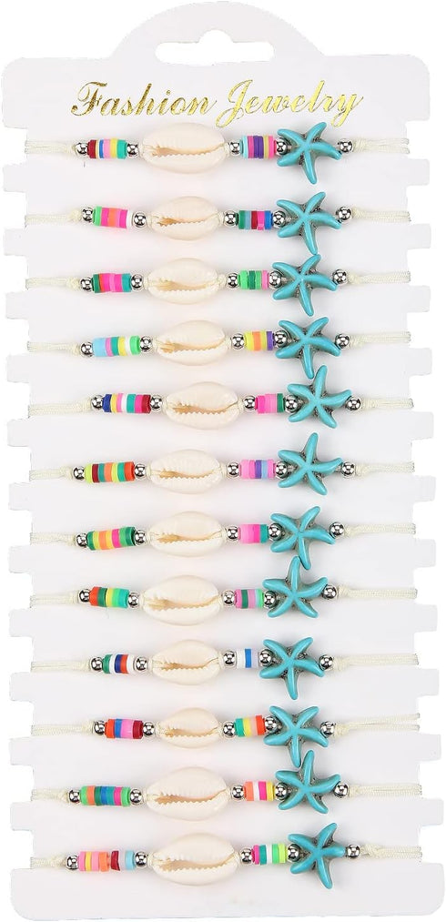 COLORFUL BLING 12Pc Adjustable Natural Sea Shell Starfish Cowries Strand Bracelets Handmade Braided Turtle Tortoise Beads Bracelet for Women Girls...