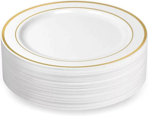 premium hard plastic round white plates 7in white with gold rim Heavyweight Dinnerware Set Dessert Salad Plates Appetizer utensils for Wedding and...