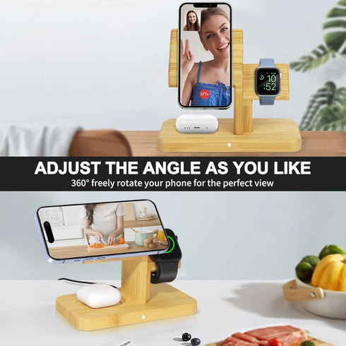 Wireless Charging Station for Apple, 20W Fast 3 in 1 Wireless Charger Stand, Bamboo Charging Station for iPhone 15/14/13/12 Pro/Max/Plus, for Appl...