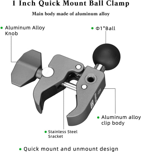 FANAUE Handlebar Base Mount Strong Rod Clamp with 1'' Ball for Rails 0.5" to 2.0" in Diameter, Compatible with RAM Mounts B Size Double Socket Arm...
