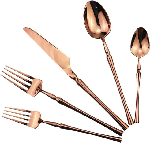 Copper Silverware Set, 5-Piece 18/10 Stainless Steel Flatware Cutlery Set for 1,Mirror Finish, Ideal for Wedding Festival Party Home Kitchen, Dish...