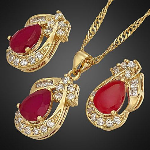 RIZILIA Pear Cut Red Ruby Yellow Gold Plated Jewelry Set, Pendant with 18" Chain Stud Earrings...