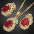 RIZILIA Pear Cut Red Ruby Yellow Gold Plated Jewelry Set, Pendant with 18" Chain Stud Earrings...