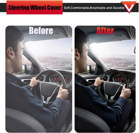 1PC Leather Steering Wheel Cover,Stitch on Wrap,DIY Sewing with Needle Thread,Anti-Slip Car Steering Wheel Protector for Max Diameter 15 Inch(Glos...