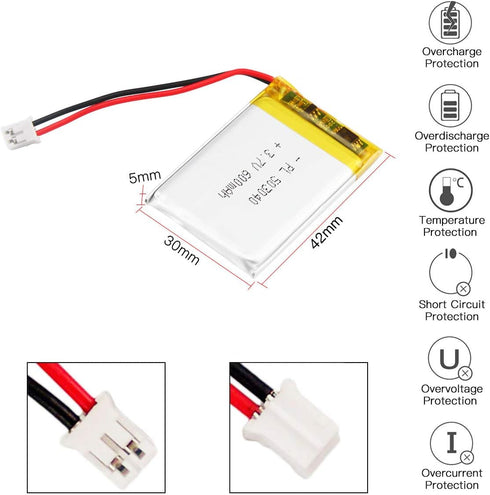 3.7V 600mAh Battery 503040 Lithium Polymer Ion Rechargeable Li-ion Li-Po Battery with 2P PH 2.0mm Pitch Connector......