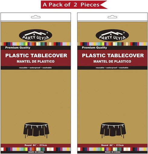 Gold Plastic Tablecloths 2 Pack Disposable Table Covers 84 Inch Circle Bridal Shower Party Tablecovers PEVA Vinyl Table Cloths for BBQ Picnic Birt...