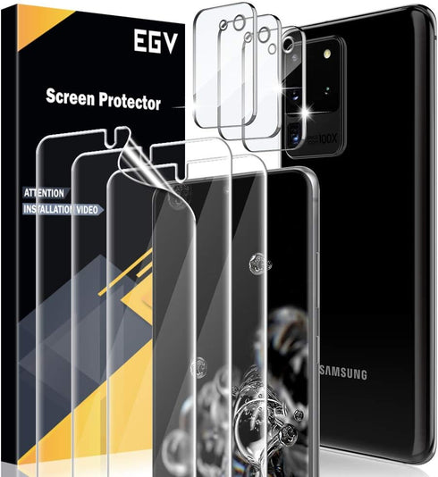 EGV 5Pack 2pcs Flexible TPU Screen Protector + 3pcs Tempered Glass Camera Lens Protector for Samsung Galaxy S20 Ultra 6.9-inch,Positioning Tool, S...