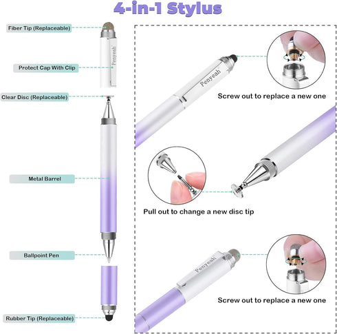 Penyeah Stylus Pen for iPad/iPhone/Android (4 in 1),Universal Touch Screen Disc Tip/Mesh & Rubber Tip Stylist Pen for All Capacitive Phones/Tablet...