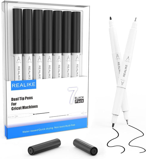 REALIKE Dual Tip Pens for Cricut Maker 3/Maker/Explore 3/Air 2/Air, Black Pens Set of 7 Pack Dual Tip Marker Fine Point Pen Writing Drawing Access...